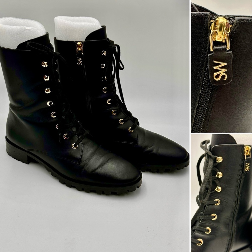 STUART WEITZMAN COMBAT BOOTS WOMENS SIZE 7.5 BLACK GOLD NORRIE LEATHER LACE UP